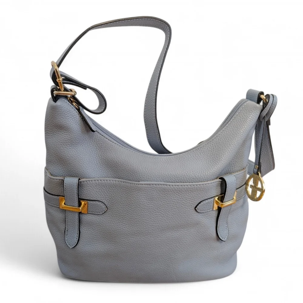 GIANI BERNINI Bridle Leather Bag Light Blue Medium Hobo Crossbody Shoulder